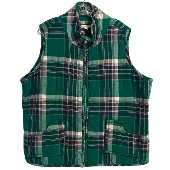 Quilted Flannel Padded Vest Womens Size 22/24W Green Plaid Pockets Casual Layer - Picture 1 of 16